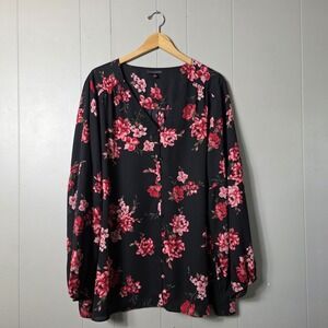 LANE BRYANT BLACK RED ROSE PRINT BUTTON FRONT TUNIC LONG SLEEVES WOMENS PLUS 28